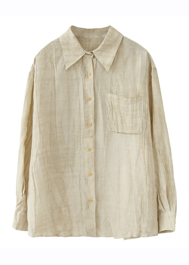 Apricot Peter Pan Collar Wrinkled Button Shirts Long Sleeve