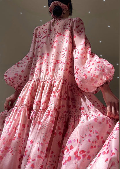 Pink O-neck Print Silk Long Dresses Spring