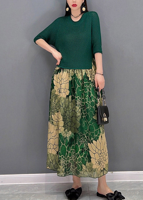 Green O-neck Chiffon Patchwork Print Knit Long Dress Half Sleeve