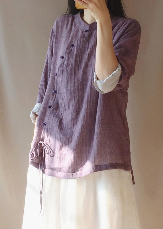French Purple Tops Blouses Stand Collar Button Down Clothing Blouse