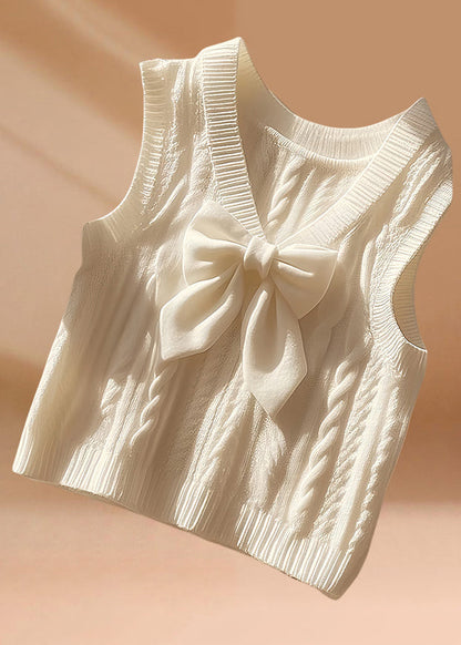 Art Beige V Neck Bow Cozy Knit Waistcoat Sleeveless Fall