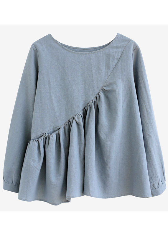 Loose Blue O-neck Pockets Patchwork Fall Long Sleeve Top