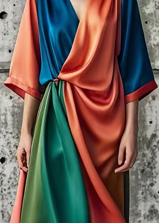 Brick Red Asymmetrical Patchwork Silk Holiday Dress Summer