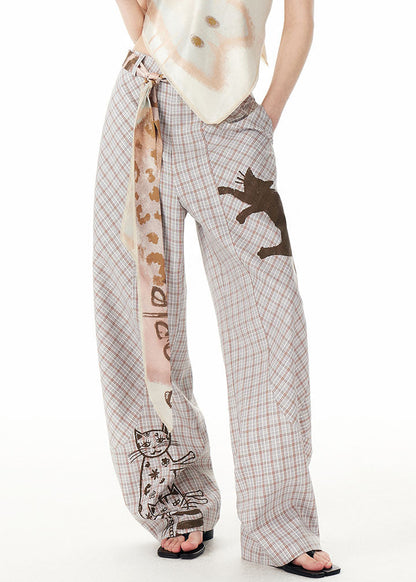 Plaid Print High Waist Pockets Wide Leg Pants Fall