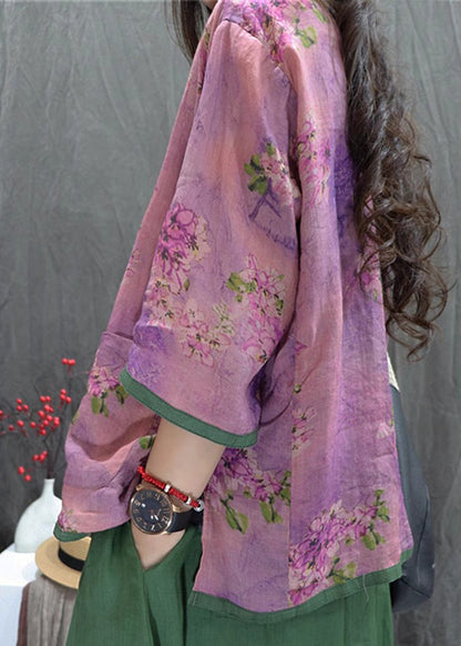 Purple Print Chinese Button Cotton Shirt Top Summer
