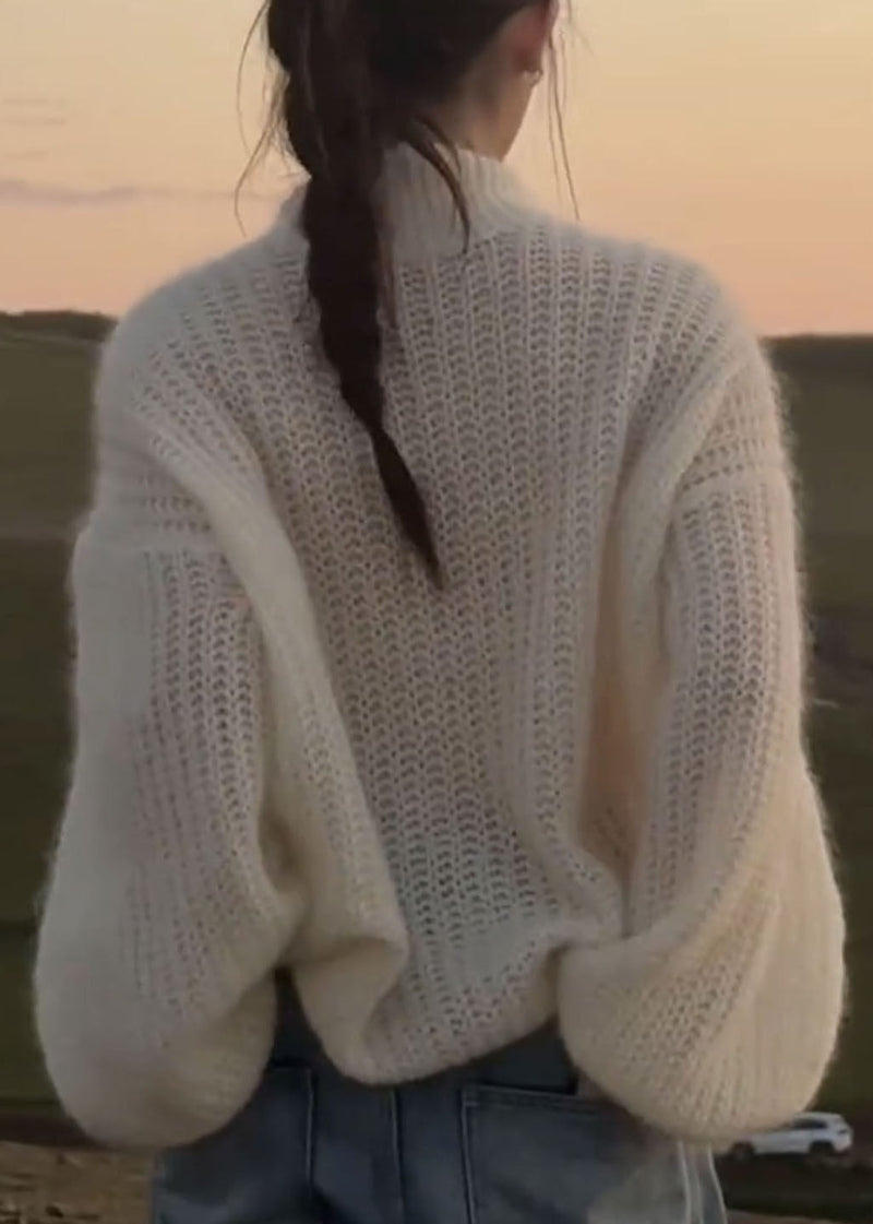 Handmade White Patchwork Cotton Knit Sweaters Fall