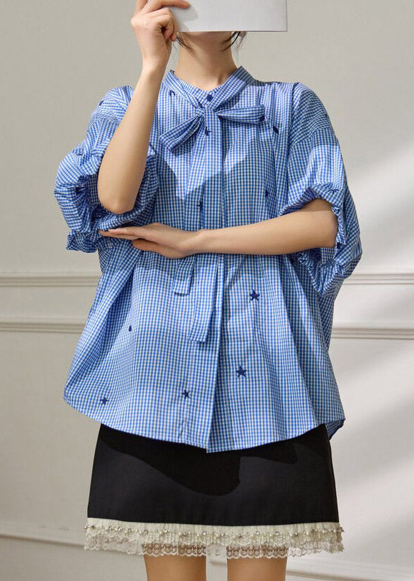 Blue Plaid Bow Button Shirts Half Sleeve