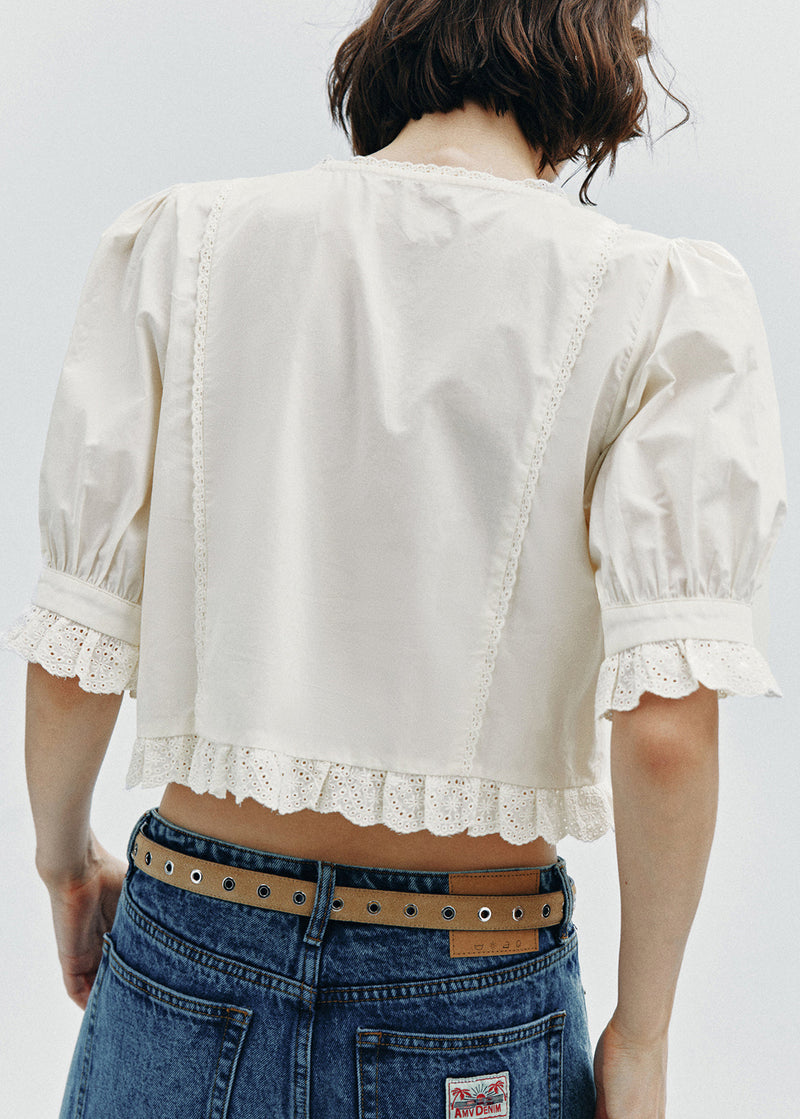 White Wrinkled Lace Patchwork Cotton Top Summer