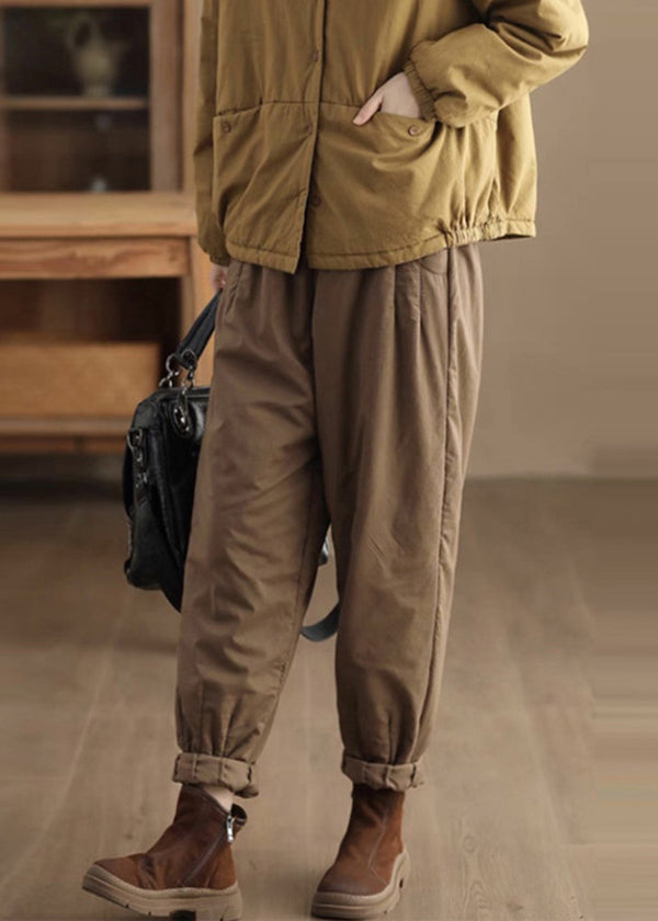 Loose Coffee Pockets Elastic Waist Fine Cotton Filled Pants Winter
