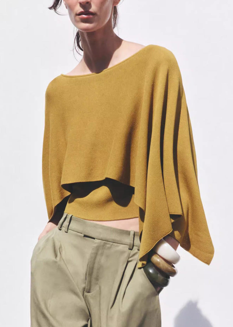 Simple Yellow O-neck Knit Top Batwing Sleeve