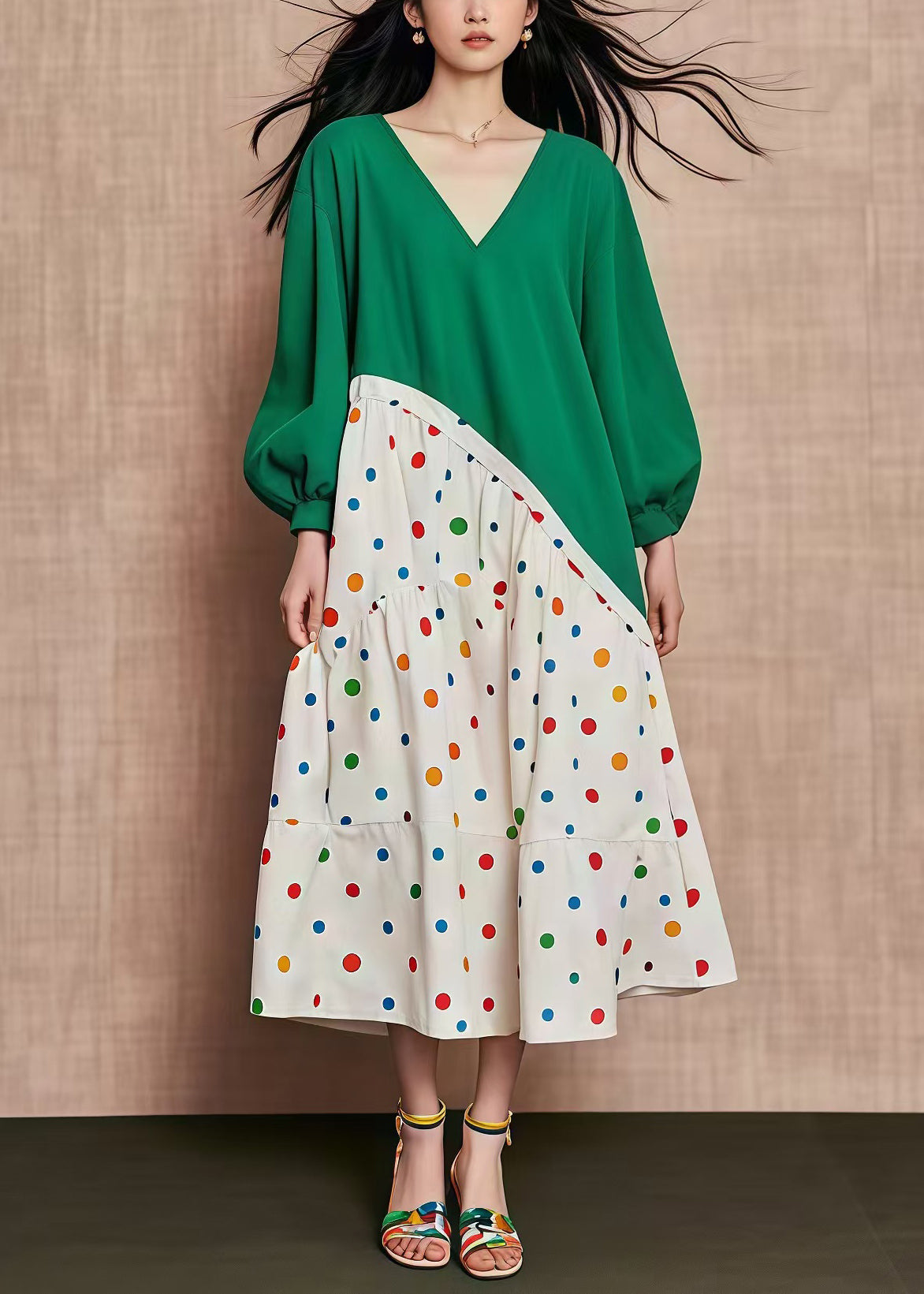 Green Oversized Patchwork Print Cotton Dresses Fall