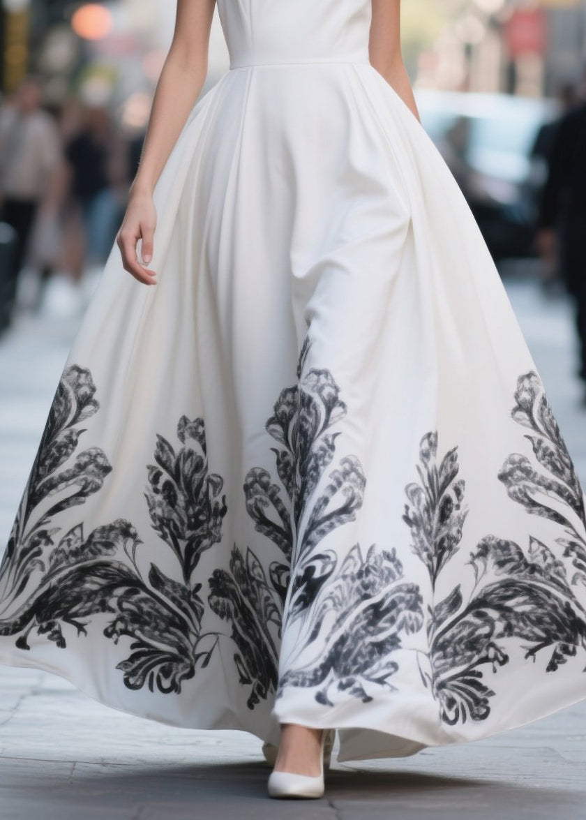 White Print Exra Large Hem Chiffon Party Dresses Summer