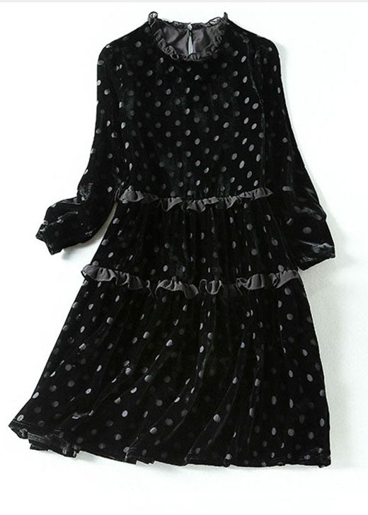 Black Dot Print Patchwork Velour Dress Spring