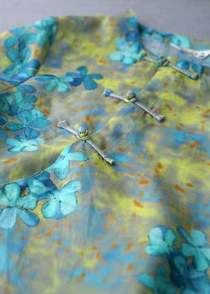 Yellow Linen Shirts Top Button Three Quarter Sleeve