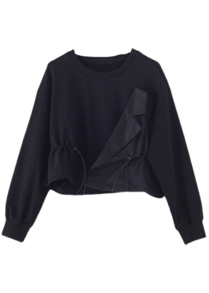 Black O-neck Asymmetrical Design Cinched Sweatshirt