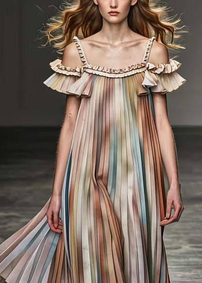Khaki Cold Shoulder Tie Dye Chiffon Pleated Dress Summer