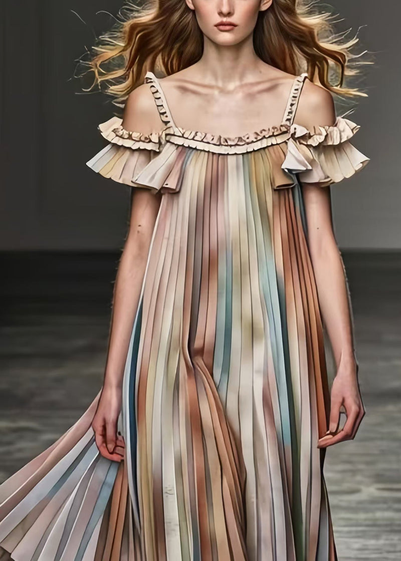 Khaki Cold Shoulder Tie Dye Chiffon Pleated Dress Summer