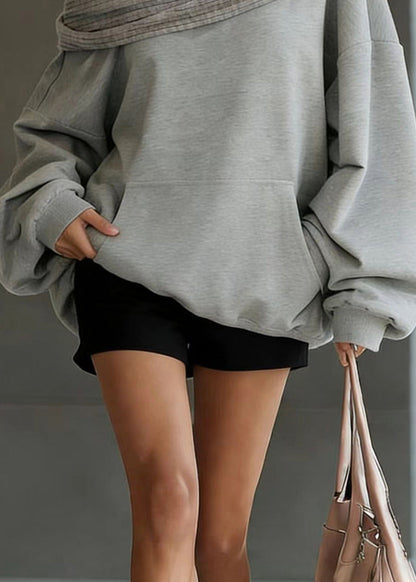 New Grey Slash Neck Hooded Pullover Spring