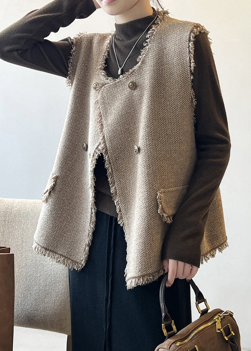 Coffee Knit Vest Tops Tasseled U Neck Sleeveless