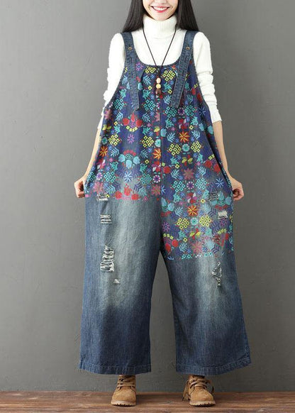 Blue Print Wide Leg Fall Romper Denim