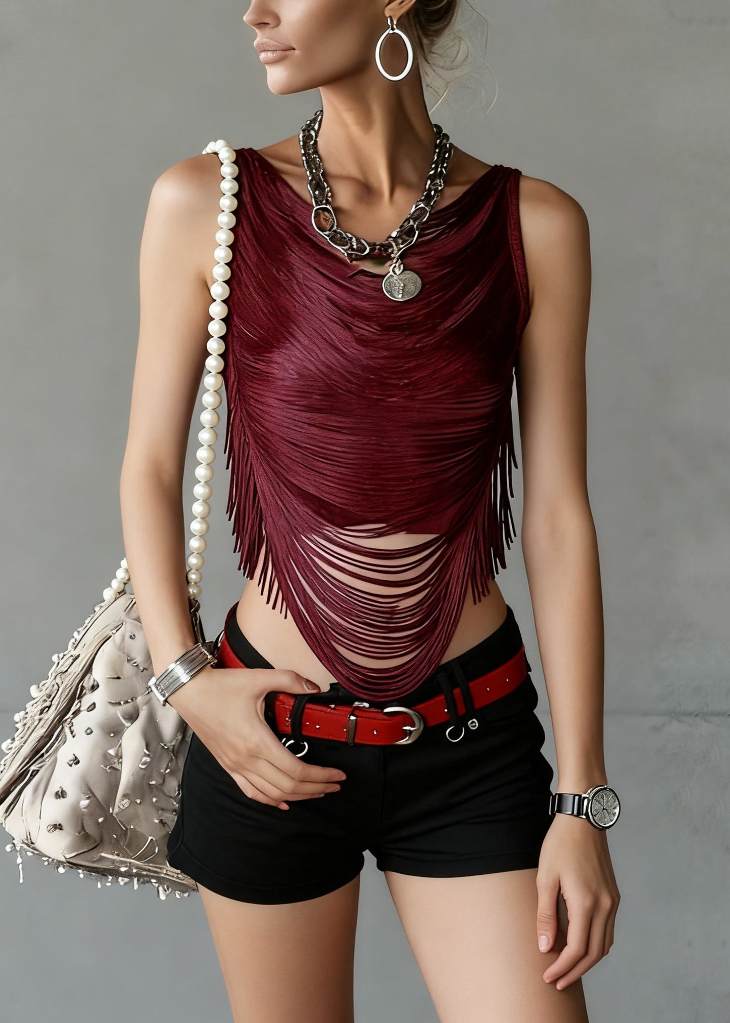 Wine Red Backless Tasseled Tank Sleeveless