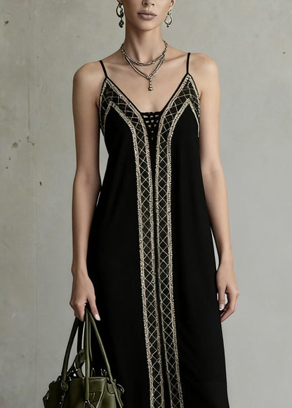 Slim Fit Black Backless Plaid Spaghetti Strap Dress Sleeveless