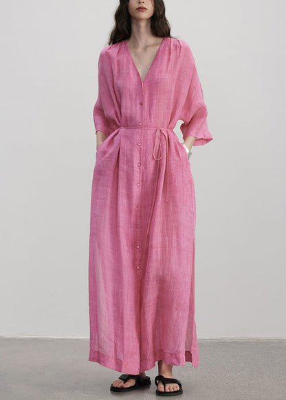 Rose V Neck Button Pockets Linen Dress Summer