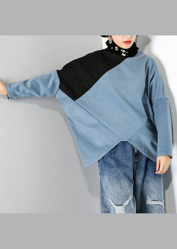 Blue Turtle Neck Patchwork Tops Spring