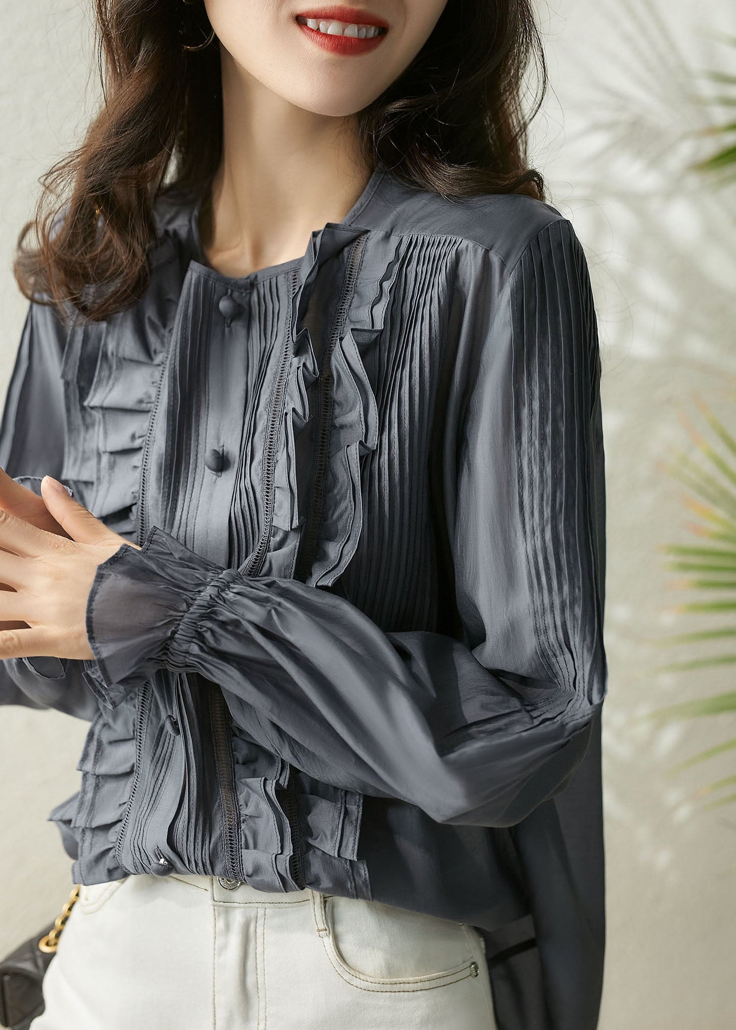 Simple Blue Grey Button O-neck Ruffled Chiffon Top Lantern Sleeve