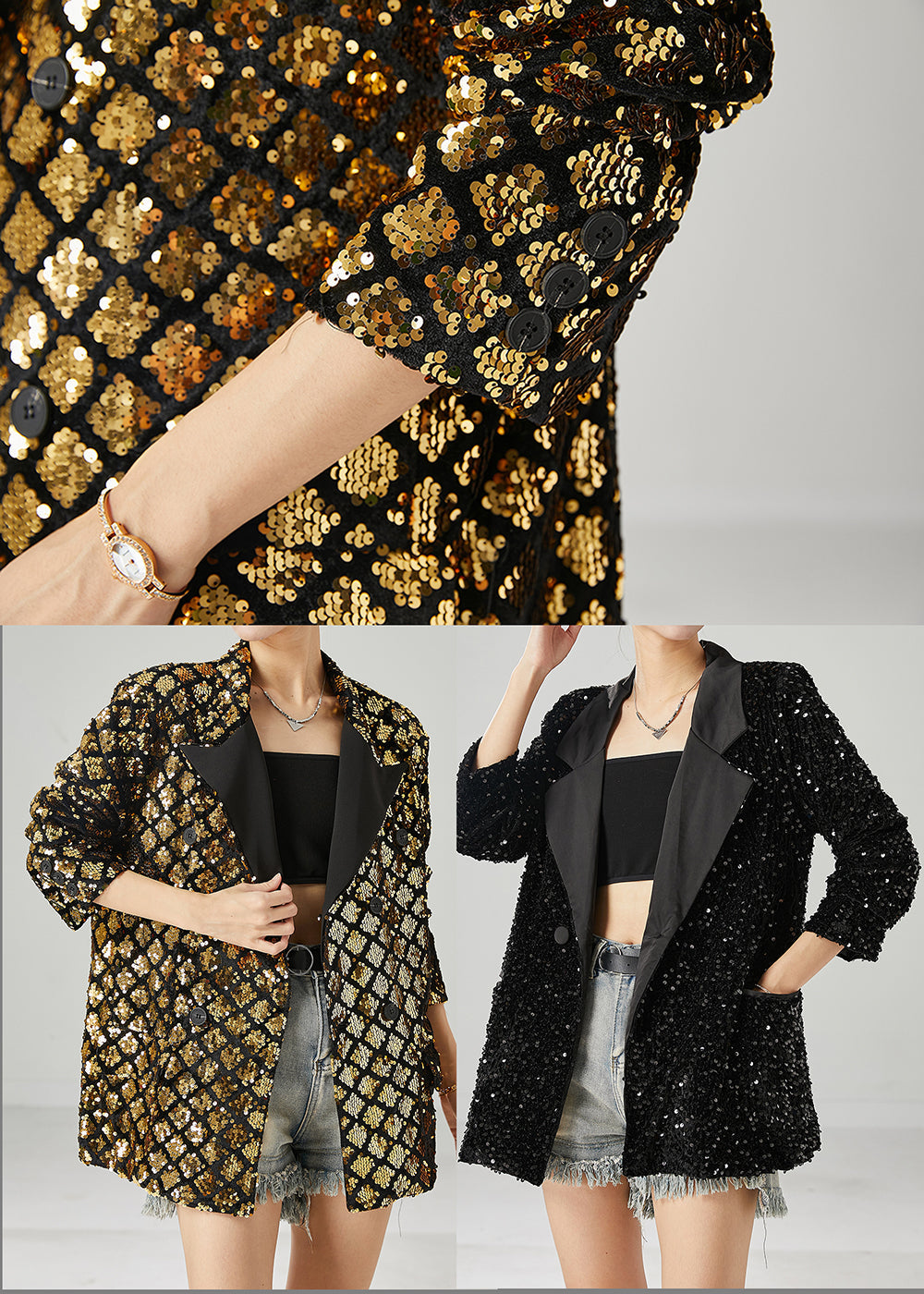 Black Sequins Double Breast Jackets Spring