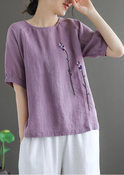 Purple Embroideried Linen Tops O-neck Short Sleeve