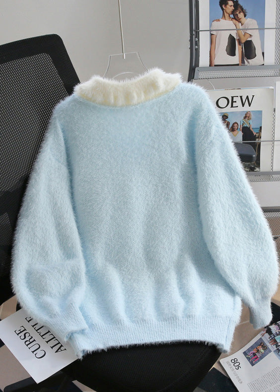 Blue Snowman Fuzzy Ball Decorated Knit Sweater Winter