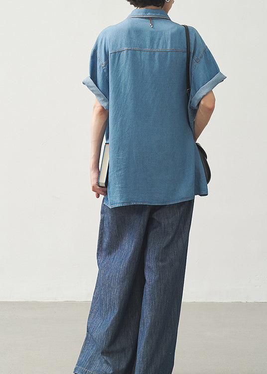 Blue Peter Pan Collar Pockets Button Denim Shirts Summer