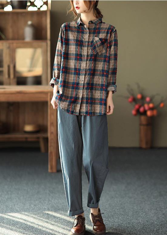 Diy Blue Plaid Blouses for Lapel Pockets Art Spring Tops