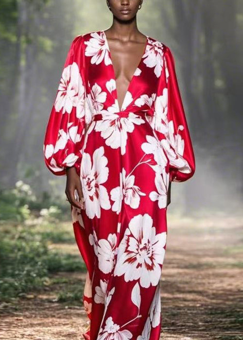 Red V Neck Print Silk Ankle Dress Spring