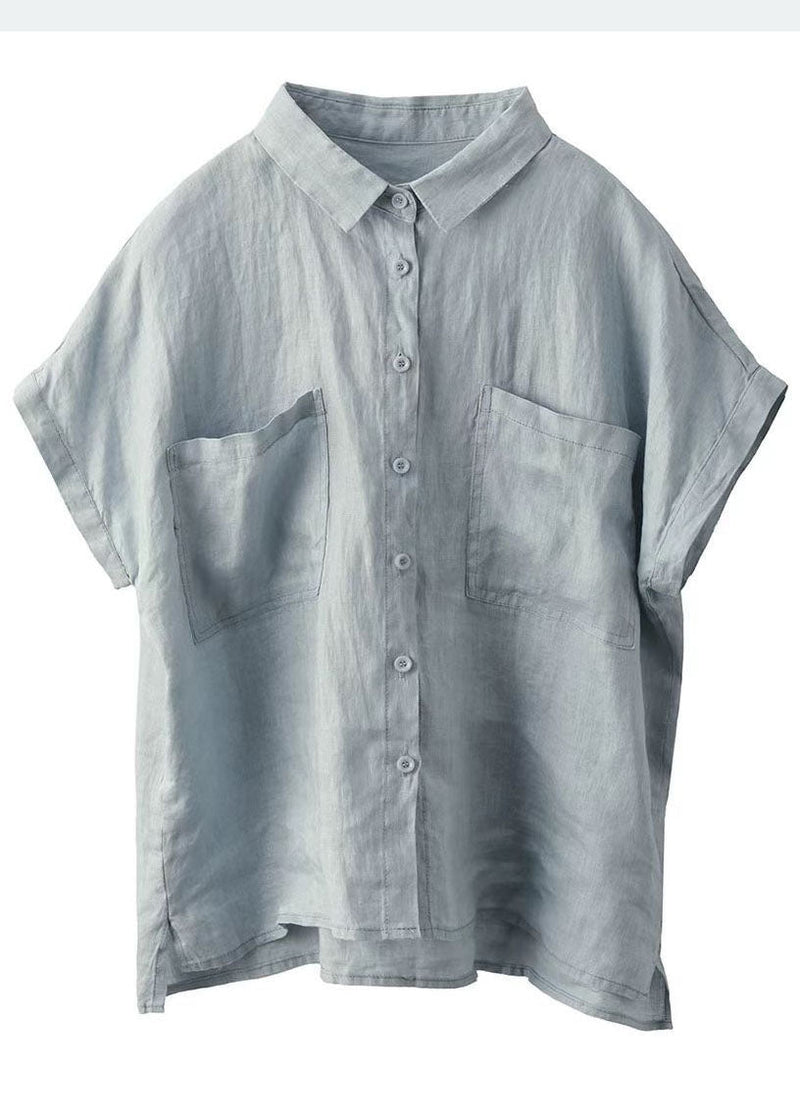 Classy White Peter Pan Collar Pockets Linen Shirt Top Summer