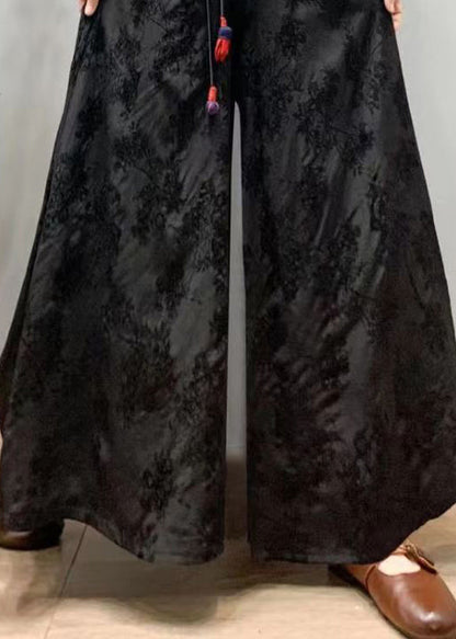 Black Embroidered Patchwork Silk Wide Leg Pants Spring