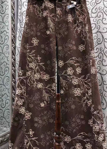 French Brown Print Denim Wide Leg Pants Fall