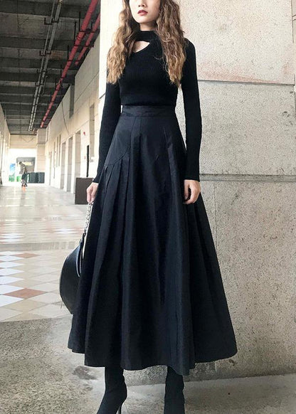 Unique Black Cinched Pockets a Line Summer Skirt