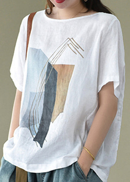 White O-neck Print Linen Blouse Tops Short Sleeve
