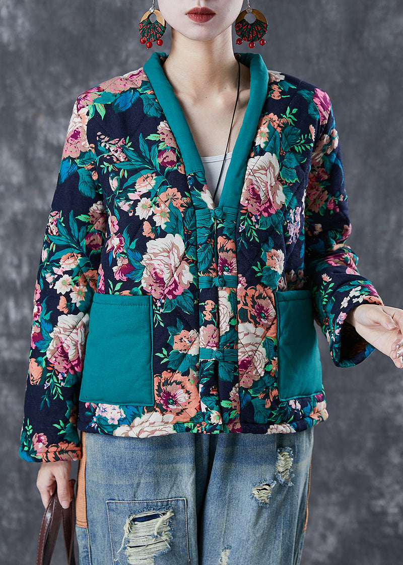 Green Print Patchwork Fine Cotton Filled Coats Winter