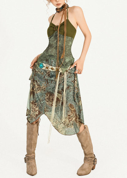 Green Print Top and Maxi Skirts Two Pieces Set Sleeveless