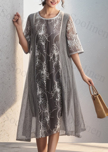 Grey O Neck Print False Two Pieces Silk Dresses Summer