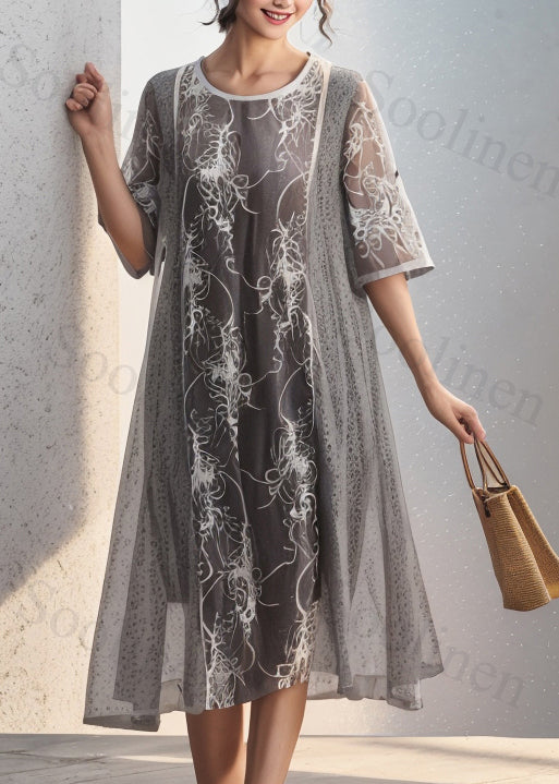 Grey O Neck Print False Two Pieces Silk Dresses Summer
