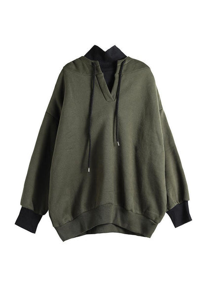Army Green Drawstring Warm Fleece Sweatshirts Top Spring