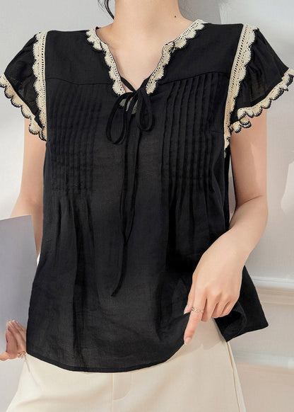 Stylish Black Lace Patchwork Tie Lace T Shirt Short Sleeve