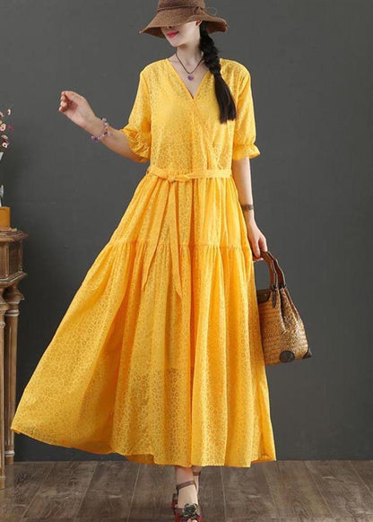Yellow Short Sleeve a Line Summer Cotton Dress