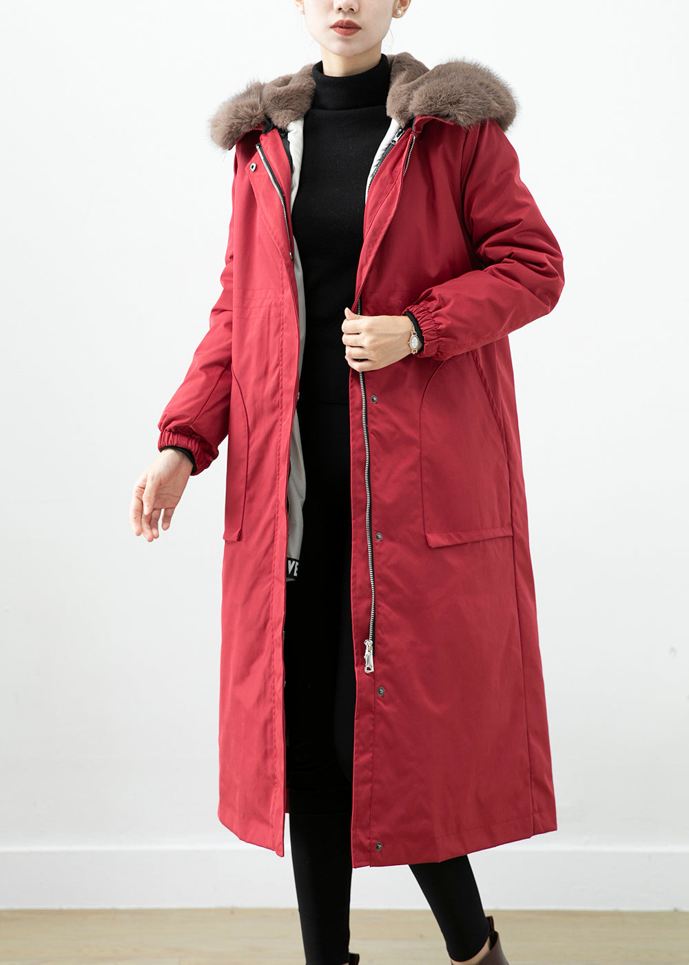 Red Warm Otter Rabbit Hair Lined Coats Fox Collar Witner