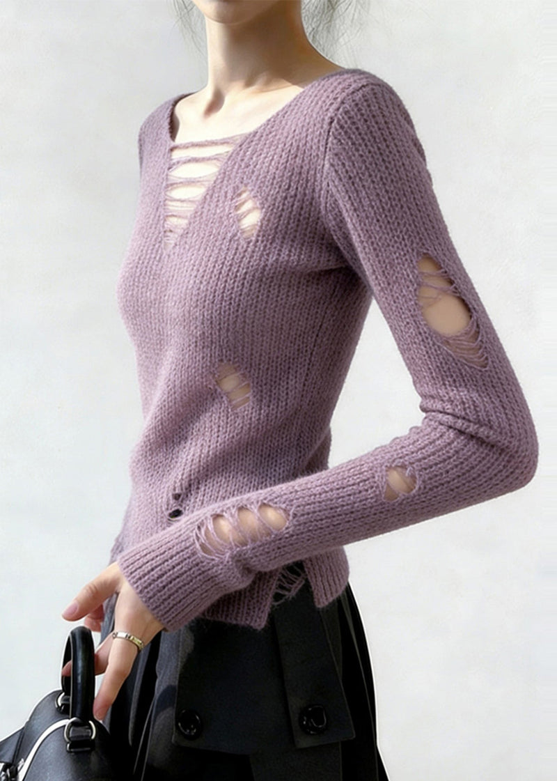 Lavender V Neck Ripped Knitted Tops Spring