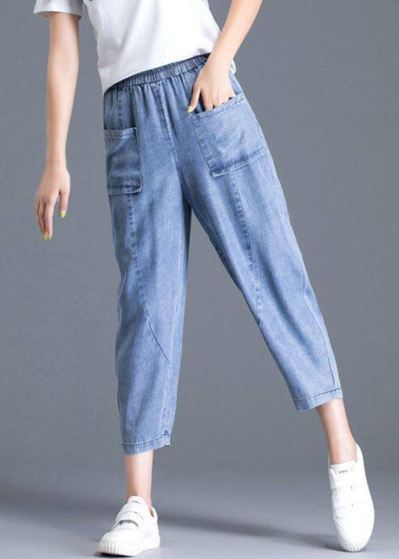 Modern Light Blue Elastic Waist Pockets Harem Jeans Summer